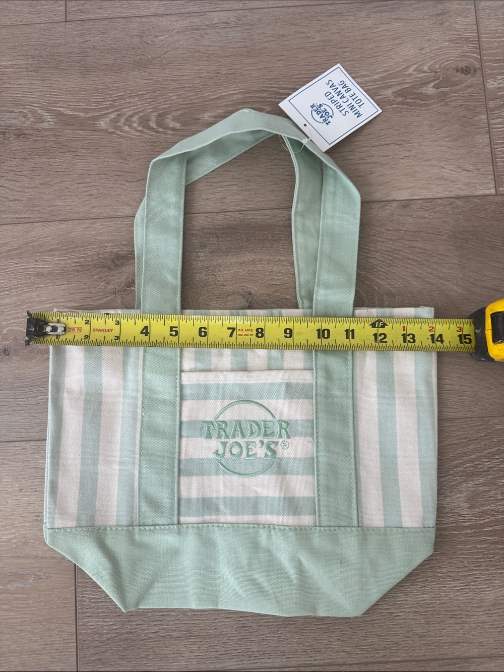 6 Trader Joe's Mint Green Stripe Mini Canvas Tote Bag - Picture 2 of 3